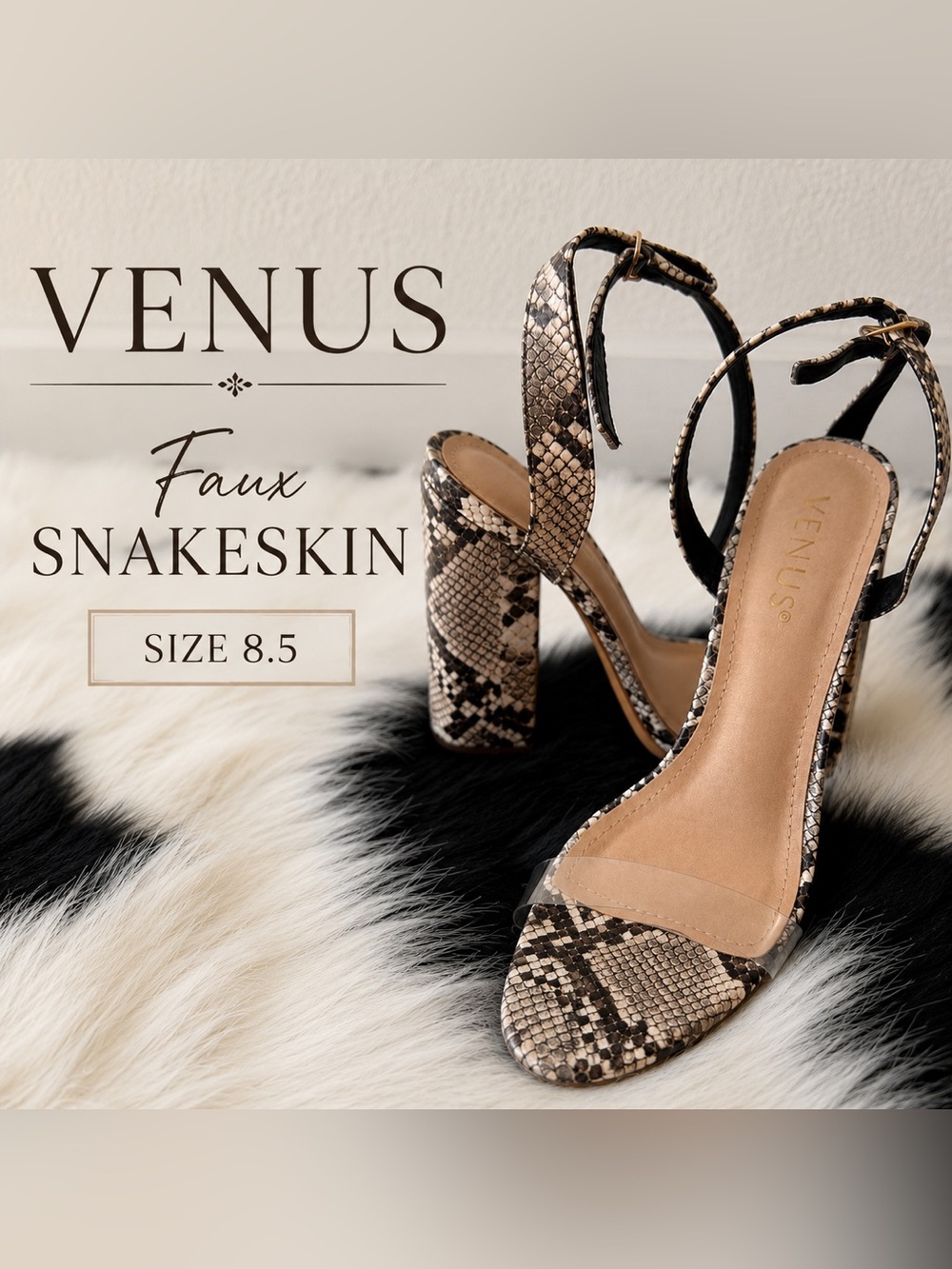 VENUS Faux Snakeskin Block Heel Sandals - size 8.5, just tried on